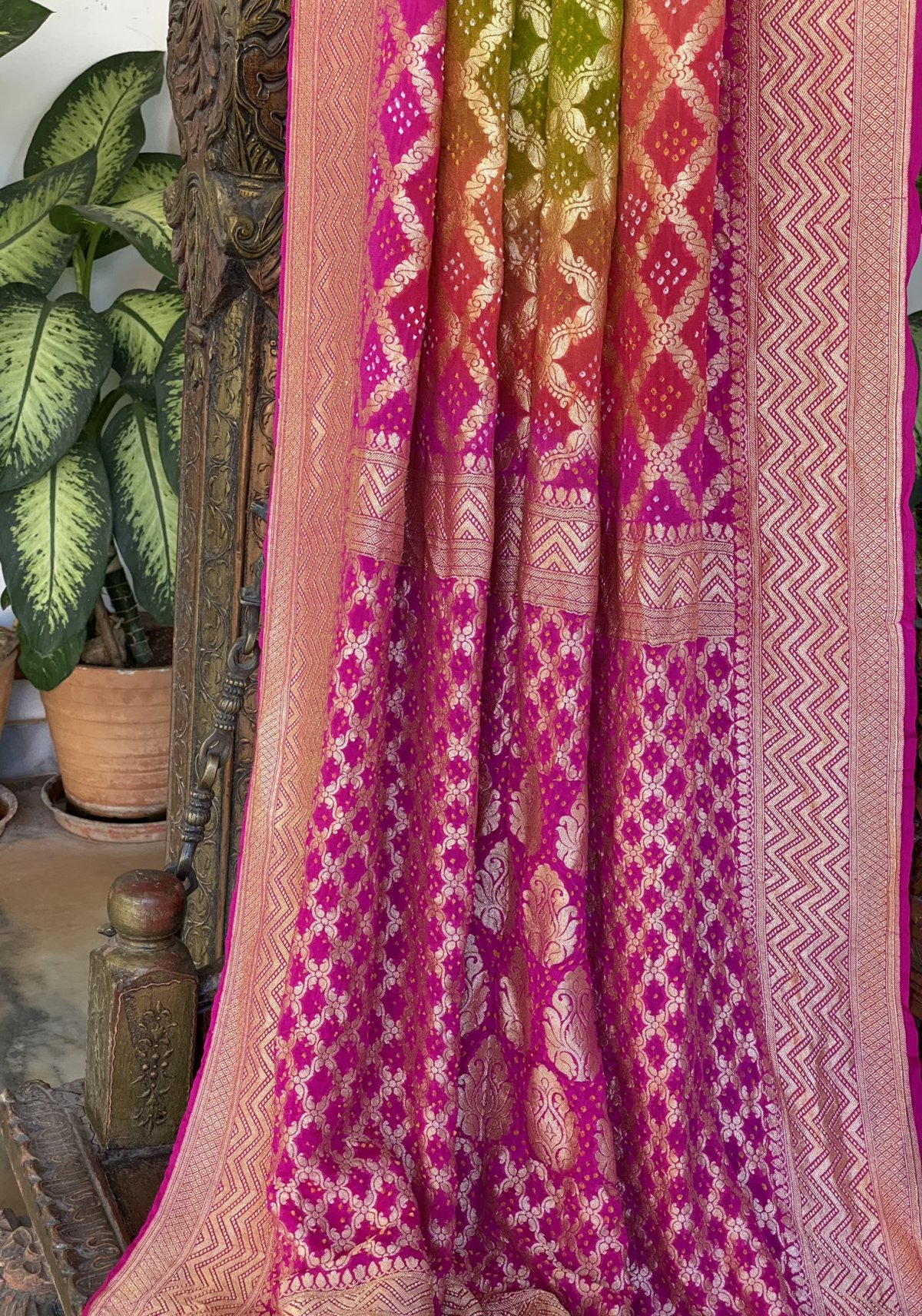 Dual Colored Bandhej Silk Saree