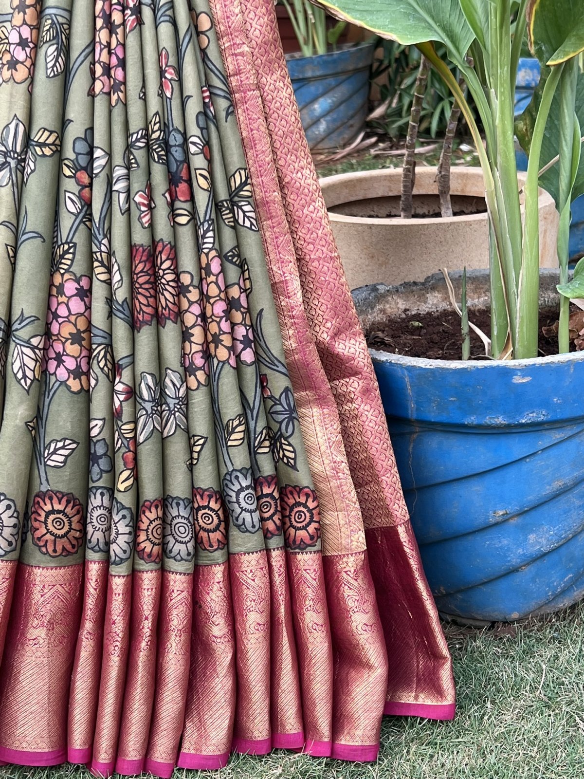 KALAMKARI  GREEN  KANCHI SILK  SAREE